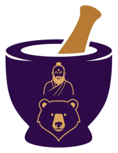 About Us Charak Bears logo — mortar and pestle with Ayurvedic sage and bear