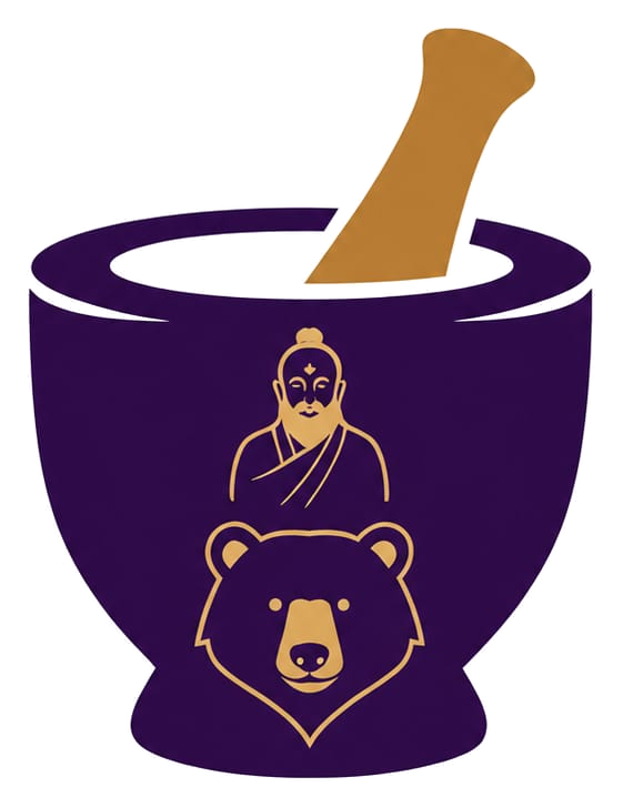 Charak Bears logo — mortar and pestle with Ayurvedic sage and bear