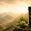 PranaRudra Ayurvedic supplement jar with amla, shilajit and herbal roots on a Himalayan mountain ridge at sunrise