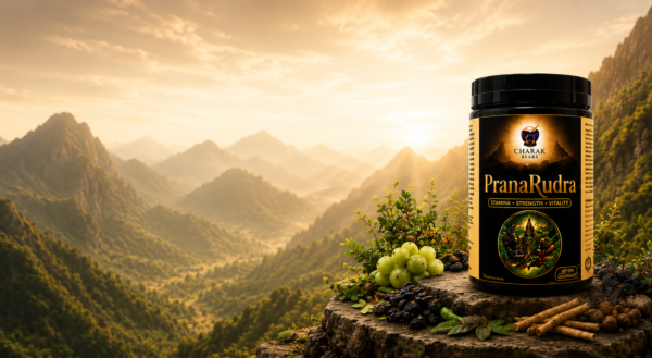 PranaRudra Ayurvedic supplement jar with amla, shilajit and herbal roots on a Himalayan mountain ridge at sunrise
