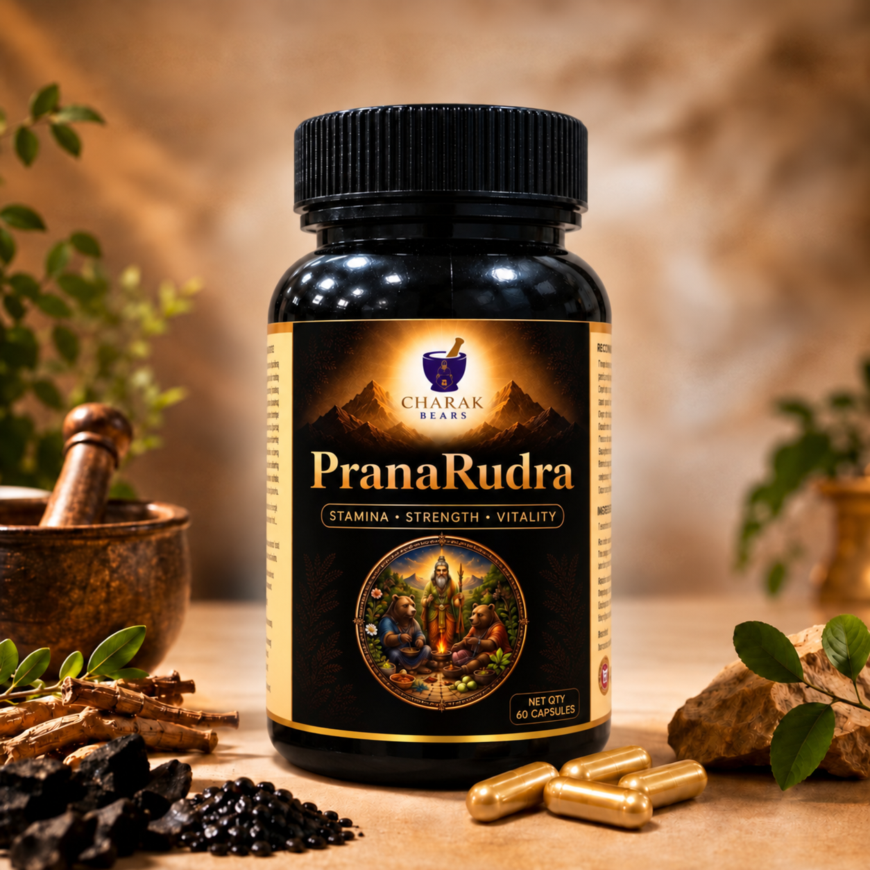PranaRudra Ayurvedic supplement bottle with natural herbs and capsules (60 capsules)
