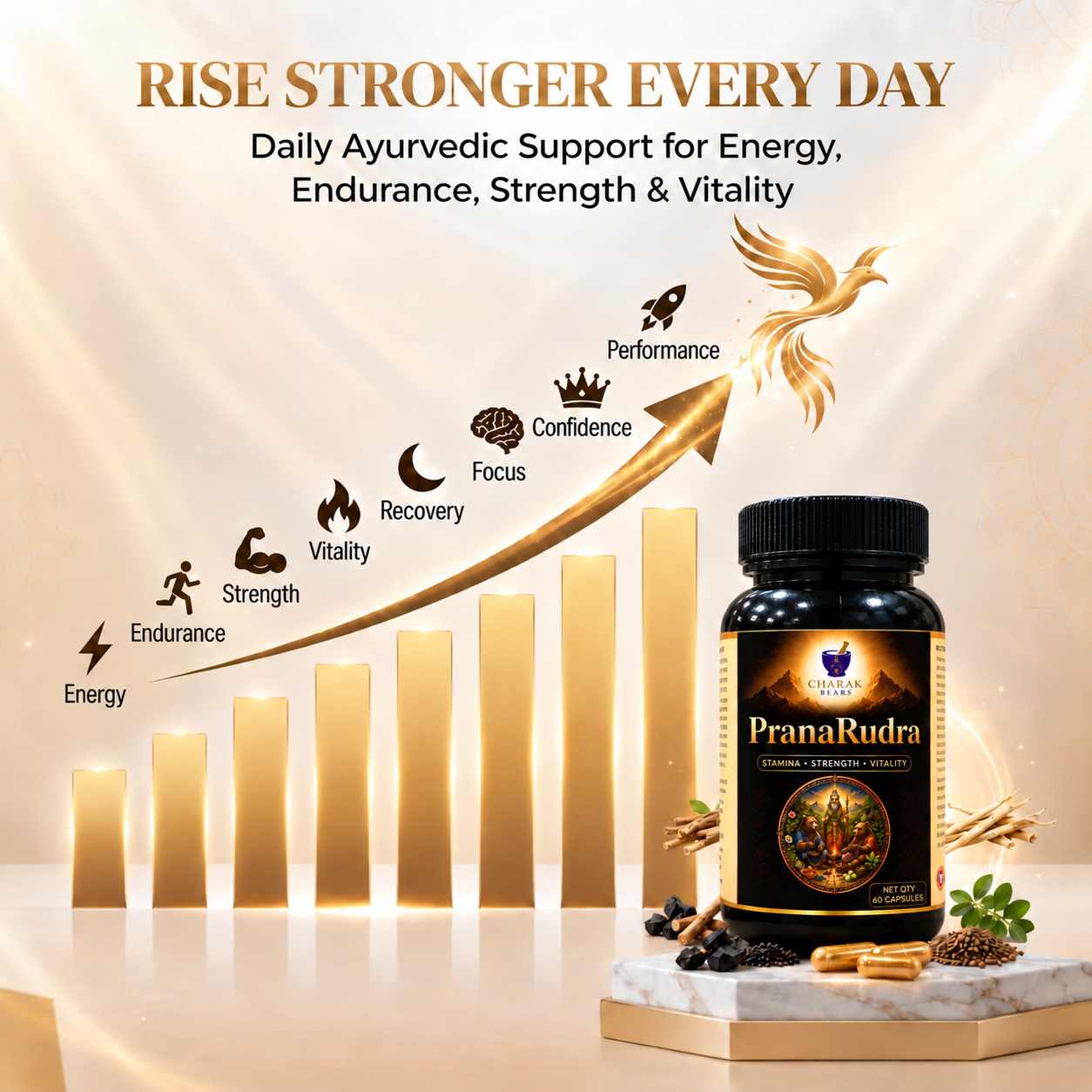 Infographic of PranaRudra's daily benefits — energy, strength, vitality, focus and performance